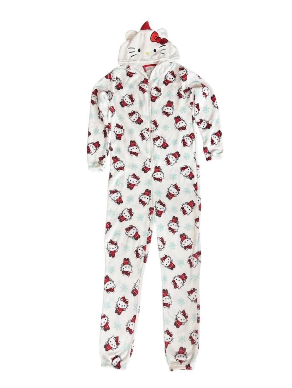 (C166) Hello Kitty Sanrio Christmas Fleece One Piece Hooded Pajamas Santa XL